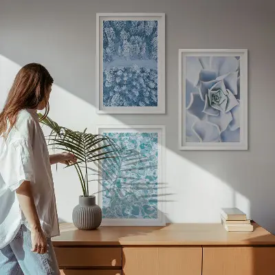 Conjunto de quadros para sala de estar com estampa de água azul e flor de floresta de inverno