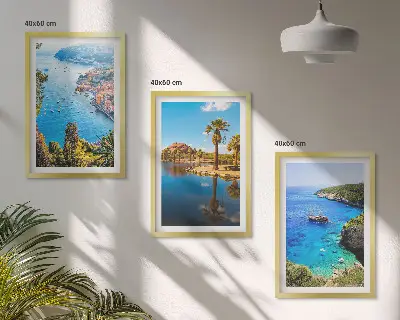 Composição de quadros moderna palmeiras à beira-mar com água azul