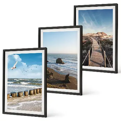 Conjunto de 3 quadros com moldura ondas da praia e caminhada no píer suspenso