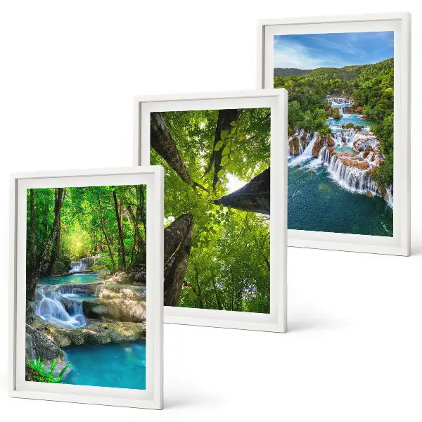 Conjunto de quadros para sala de estar com estampa de cachoeiras e floresta verde água