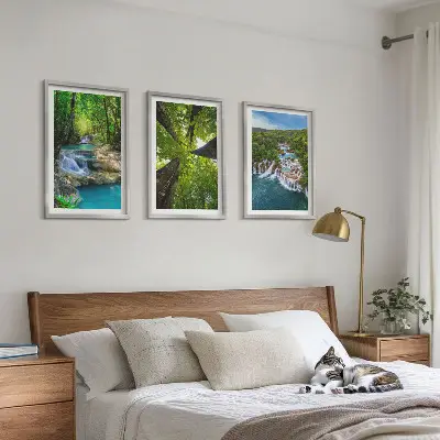 Conjunto de quadros para sala de estar com estampa de cachoeiras e floresta verde água