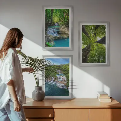 Conjunto de quadros para sala de estar com estampa de cachoeiras e floresta verde água