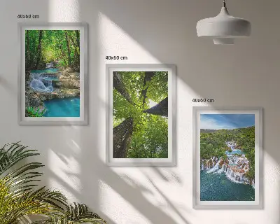 Conjunto de quadros para sala de estar com estampa de cachoeiras e floresta verde água