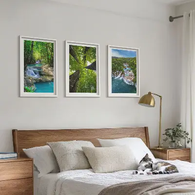 Conjunto de quadros para sala de estar com estampa de cachoeiras e floresta verde água