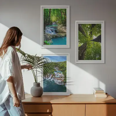 Conjunto de quadros para sala de estar com estampa de cachoeiras e floresta verde água