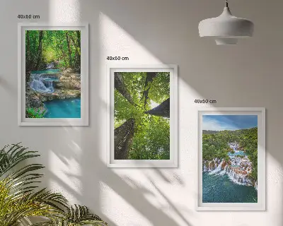Conjunto de quadros para sala de estar com estampa de cachoeiras e floresta verde água