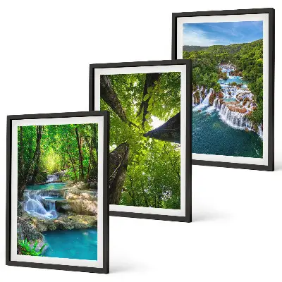 Conjunto de quadros para sala de estar com estampa de cachoeiras e floresta verde água