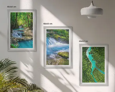 Conjunto de 3 quadros com moldura estampa de florestas verdejantes e águas cristalinas