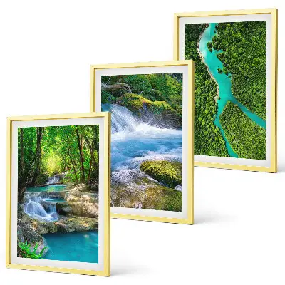 Conjunto de 3 quadros com moldura estampa de florestas verdejantes e águas cristalinas