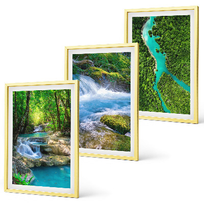 Conjunto de 3 quadros com moldura Florestas verdejantes, águas cristalinas