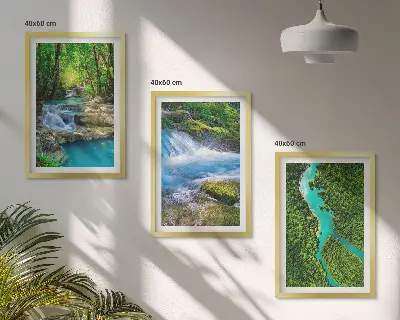 Conjunto de 3 quadros com moldura estampa de florestas verdejantes e águas cristalinas