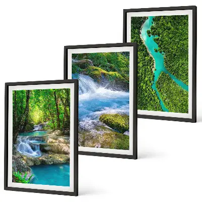 Conjunto de 3 quadros com moldura estampa de florestas verdejantes e águas cristalinas