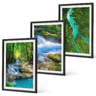 Conjunto de 3 quadros com moldura Florestas verdejantes, águas cristalinas