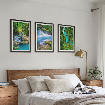 Conjunto de 3 quadros com moldura Florestas verdejantes, águas cristalinas