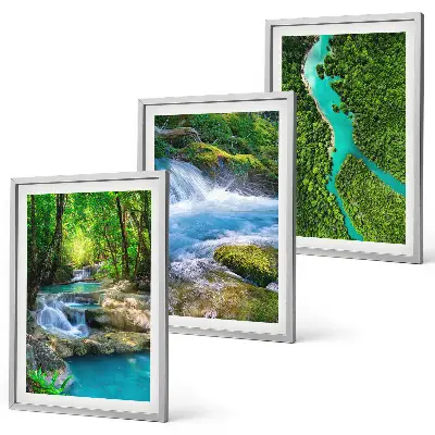 Conjunto de 3 quadros com moldura estampa de florestas verdejantes e águas cristalinas