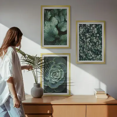 Conjunto de quadros para sala de estar com estampa de suculentas de folhas verdes