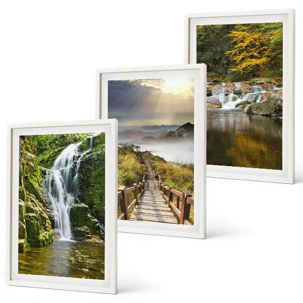 Composição de quadros moderna com paisagens de cachoeiras, montanhas, nuvens e outono
