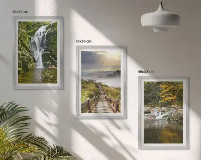 Composição de quadros moderna com paisagens de cachoeiras, montanhas, nuvens e outono