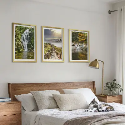 Composição de quadros moderna com paisagens de cachoeiras, montanhas, nuvens e outono
