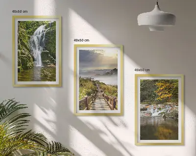 Composição de quadros moderna com paisagens de cachoeiras, montanhas, nuvens e outono