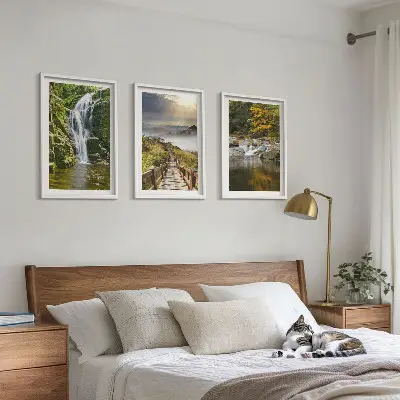 Composição de quadros moderna com paisagens de cachoeiras, montanhas, nuvens e outono