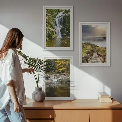 Composição de quadros moderna com paisagens de cachoeiras, montanhas, nuvens e outono