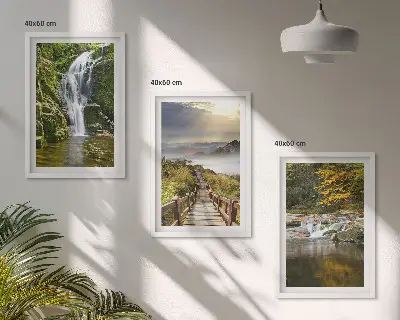 Composição de quadros moderna com paisagens de cachoeiras, montanhas, nuvens e outono