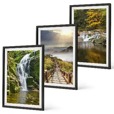 Composição de quadros moderna com paisagens de cachoeiras, montanhas, nuvens e outono