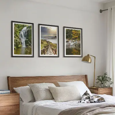 Composição de quadros moderna com paisagens de cachoeiras, montanhas, nuvens e outono