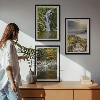 Composição de quadros moderna com paisagens de cachoeiras, montanhas, nuvens e outono
