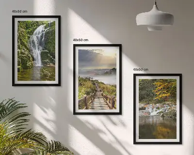 Composição de quadros moderna com paisagens de cachoeiras, montanhas, nuvens e outono