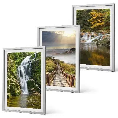 Composição de quadros moderna com paisagens de cachoeiras, montanhas, nuvens e outono
