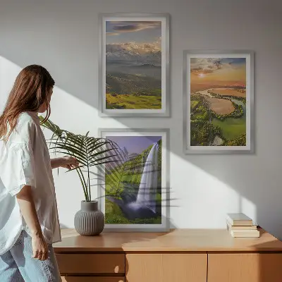 Conjunto de quadros para sala com temática de rios de montanha, cachoeiras e natureza