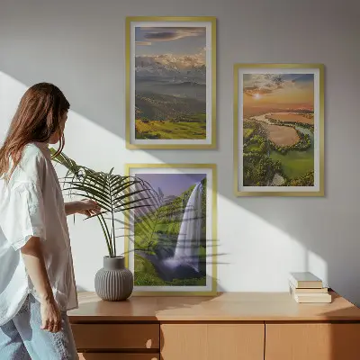 Conjunto de quadros para sala com temática de rios de montanha, cachoeiras e natureza