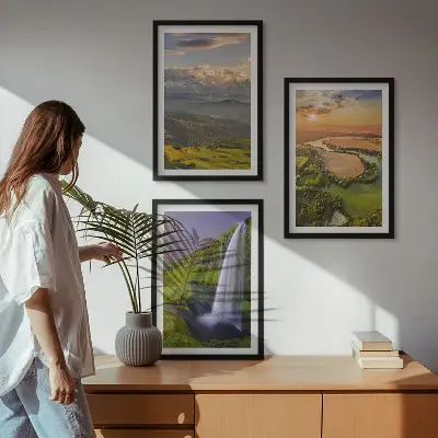 Conjunto de quadros para sala com temática de rios de montanha, cachoeiras e natureza