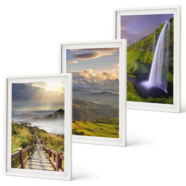 Conjunto de 3 quadros com moldura Paisagens montanhosas com cachoeira