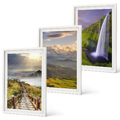 Conjunto de 3 quadros com moldura Paisagens montanhosas com cachoeira
