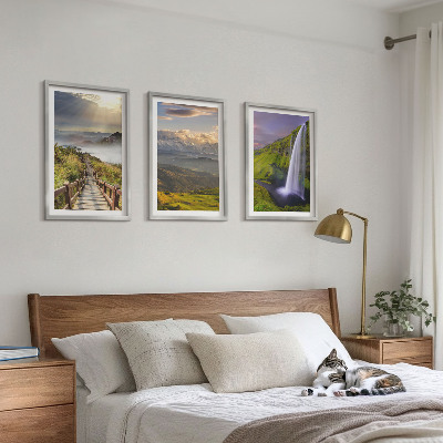 Conjunto de 3 quadros com moldura Paisagens montanhosas com cachoeira