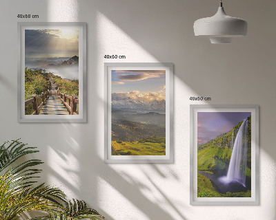 Conjunto de 3 quadros com moldura Paisagens montanhosas com cachoeira