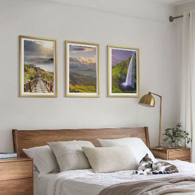 Conjunto de 3 quadros com moldura Paisagens montanhosas com cachoeira