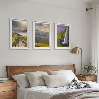 Conjunto de 3 quadros com moldura Paisagens montanhosas com cachoeira