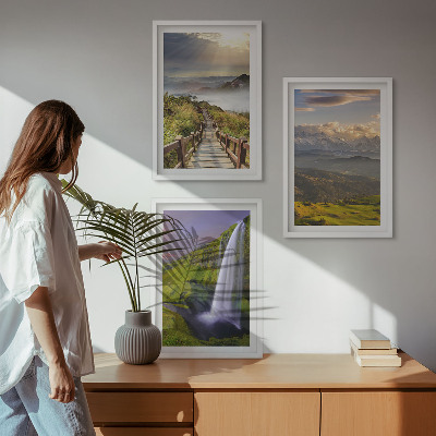 Conjunto de 3 quadros com moldura Paisagens montanhosas com cachoeira