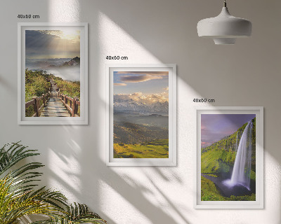 Conjunto de 3 quadros com moldura Paisagens montanhosas com cachoeira