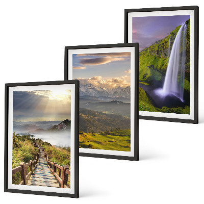 Conjunto de 3 quadros com moldura Paisagens montanhosas com cachoeira