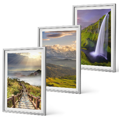 Conjunto de 3 quadros com moldura Paisagens montanhosas com cachoeira