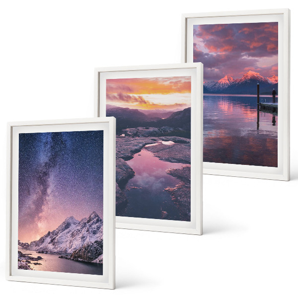 Conjunto de 3 quadros com moldura Montanhas, água, paisagens belíssimas