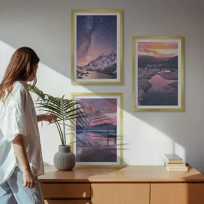 Conjunto de 3 quadros com moldura estampa de montanhas e paisagens naturais