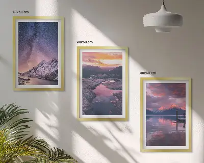 Conjunto de 3 quadros com moldura estampa de montanhas e paisagens naturais