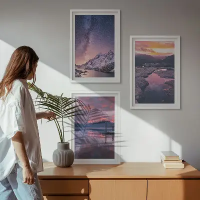 Conjunto de 3 quadros com moldura estampa de montanhas e paisagens naturais
