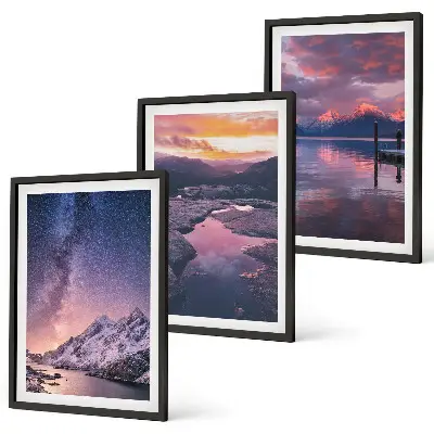 Conjunto de 3 quadros com moldura estampa de montanhas e paisagens naturais